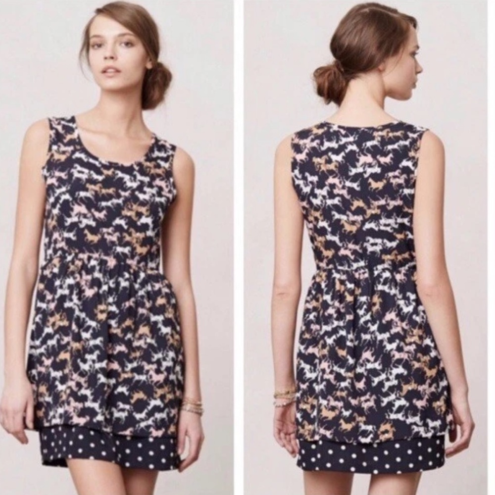 Anthropology Porridge Navy Horse/Polka Dot Dress Size L